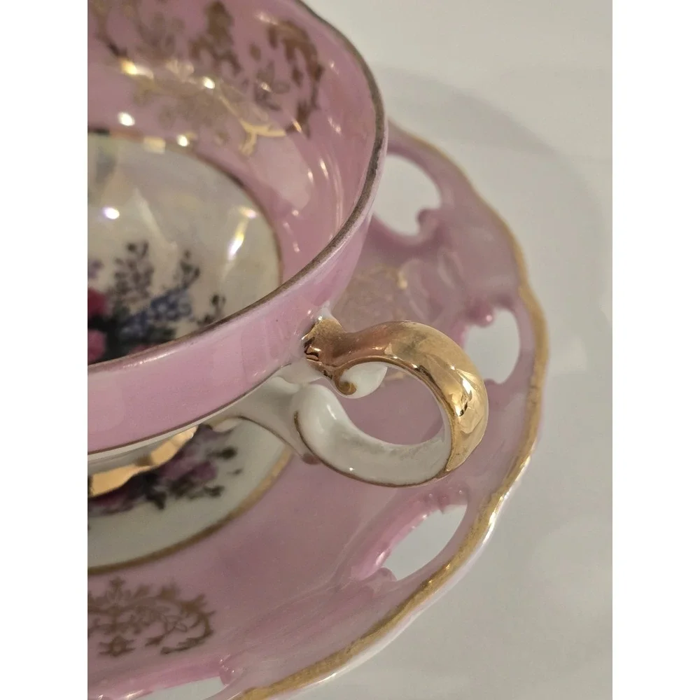 Vtg Pink Lusterware Teacup Saucer Set Floral Roses, Reticulated Edge, Gold Trim